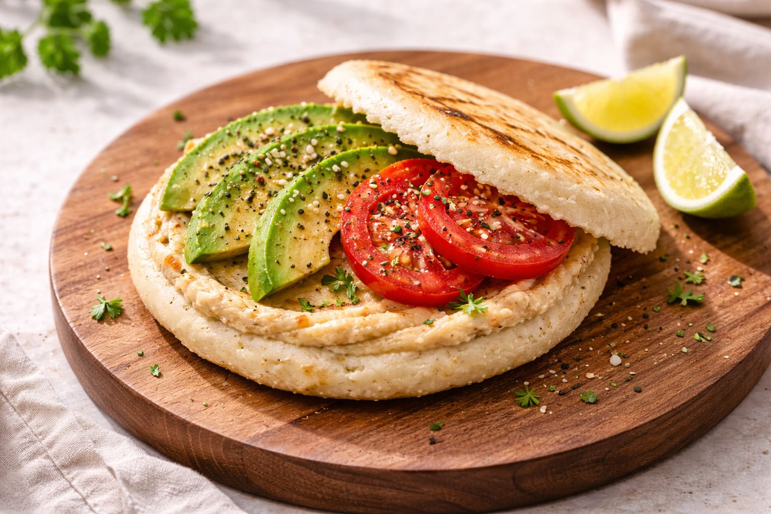 Arepa integral with hummus and aguacate, breakfast healthy of Meals Healthy