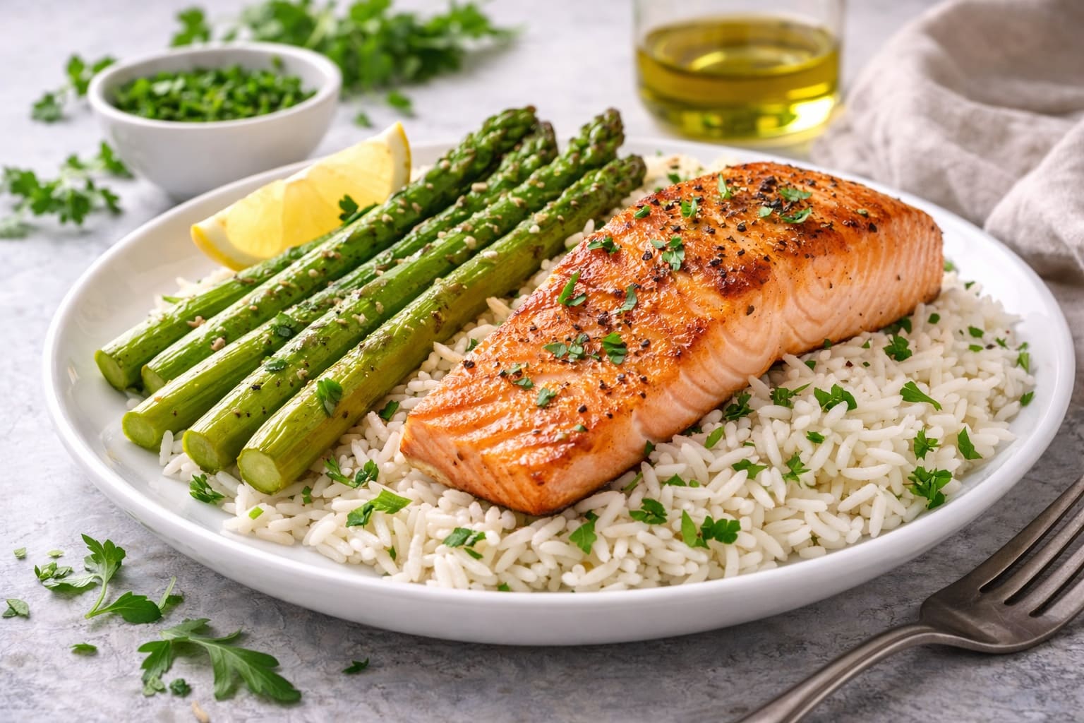 Salmón with arroz basmati and espárragos in a dish of dinner