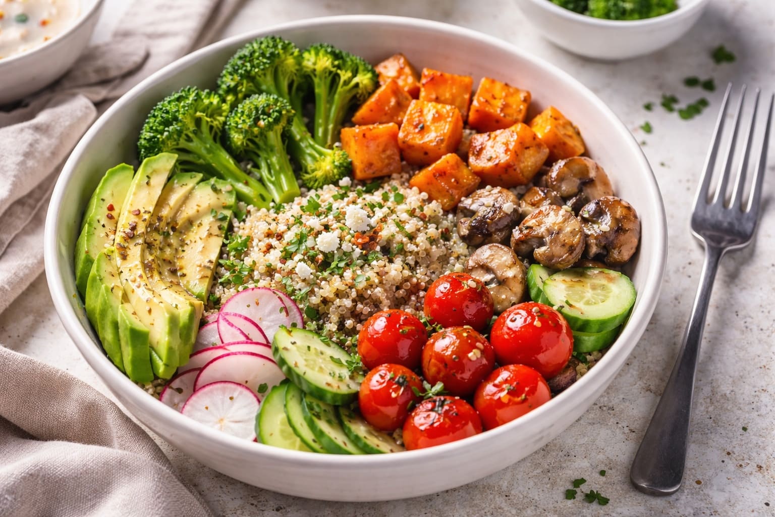 Bowl tibio with quinoa and vegetales for a dinner complete