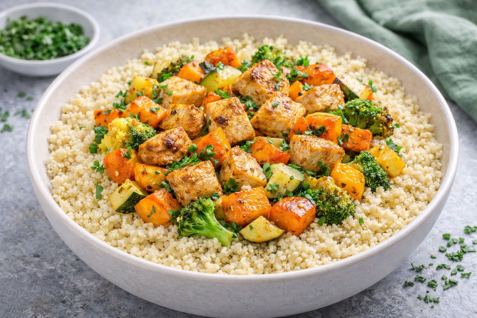 Cuscús integral with pollo and verduras asadas, lunch healthy of Meals Healthy