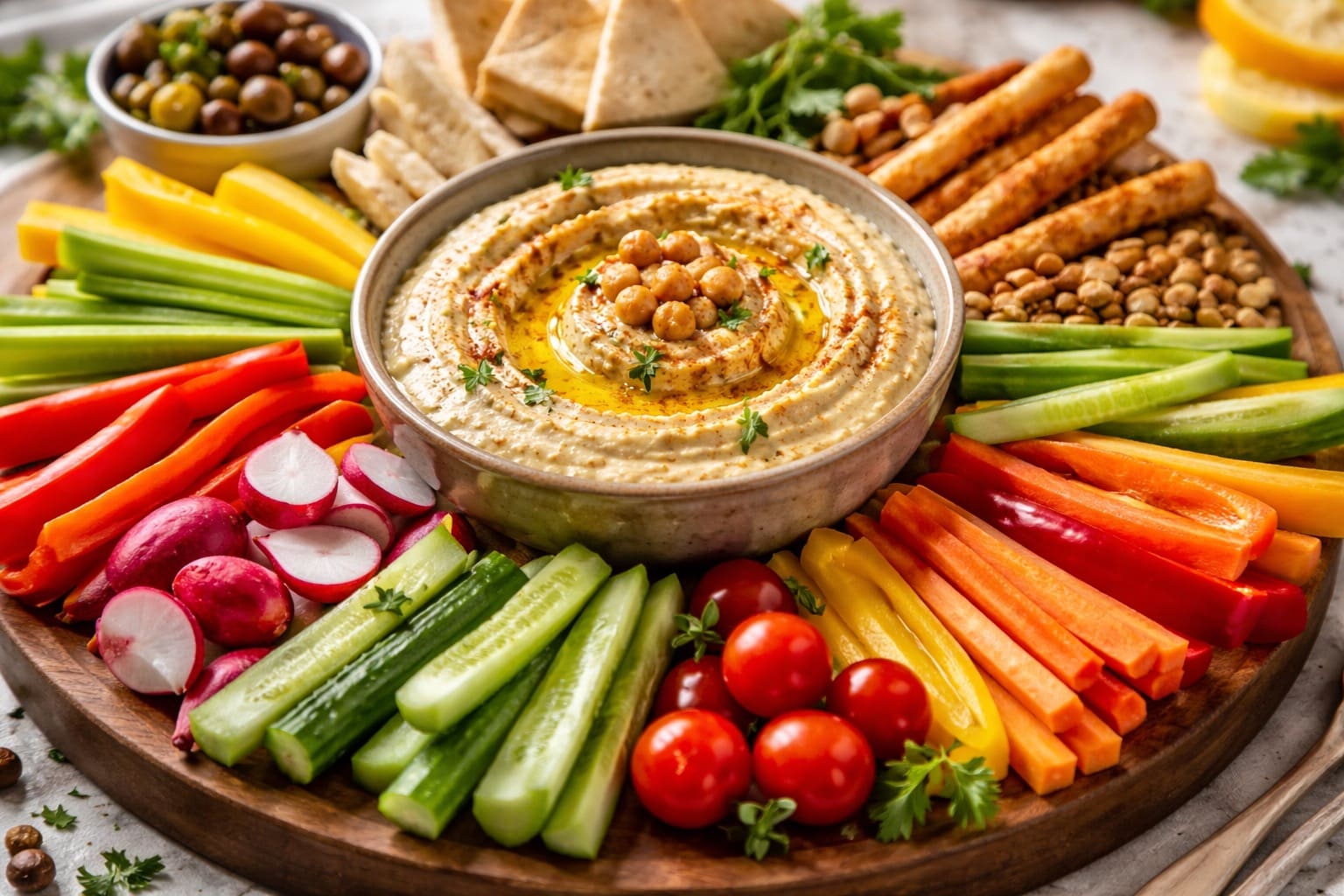 Hummus cremoso with crudités, snack healthy of Meals Healthy