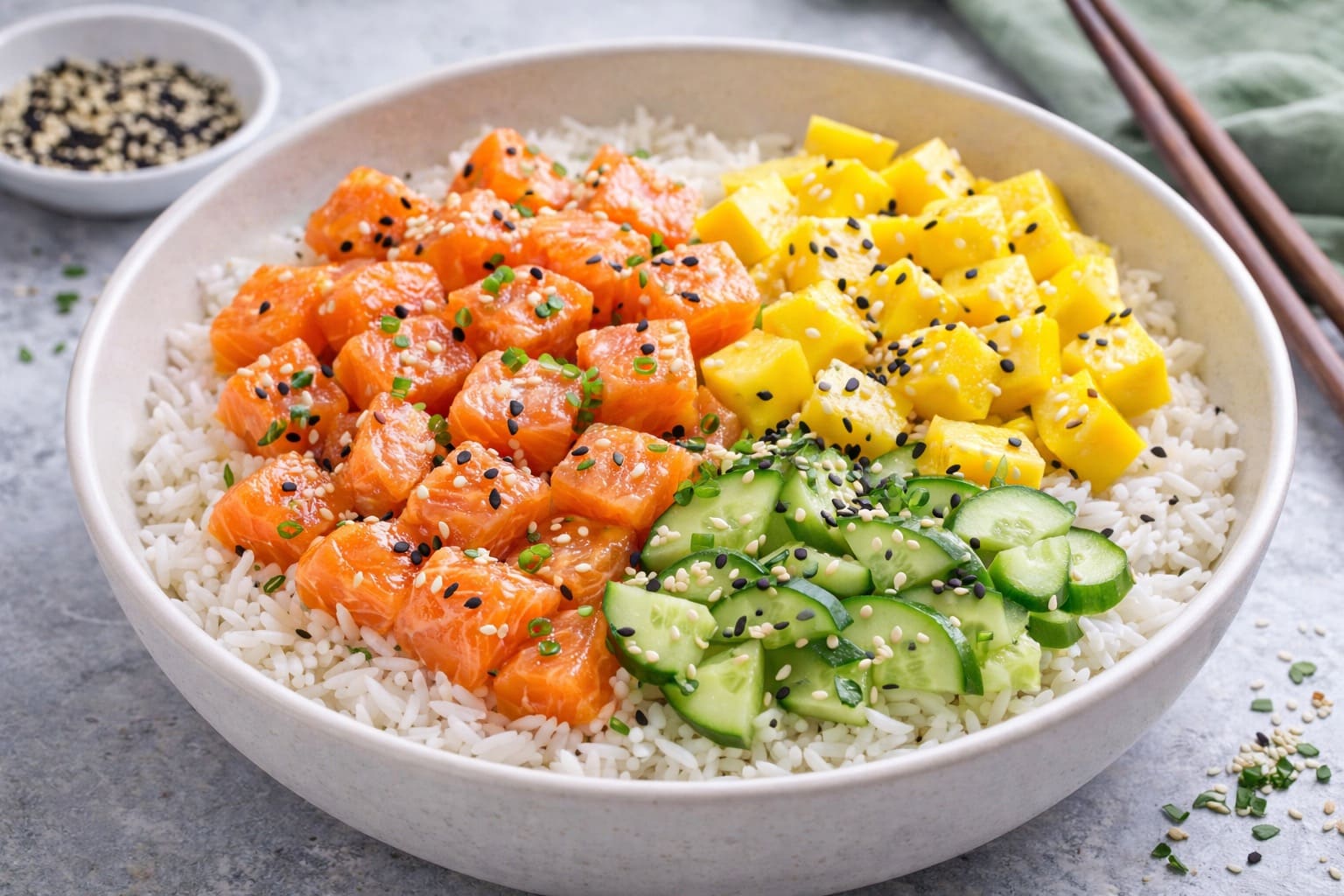 Bowl poke of salmón, mango and arroz, lunch healthy of Meals Healthy