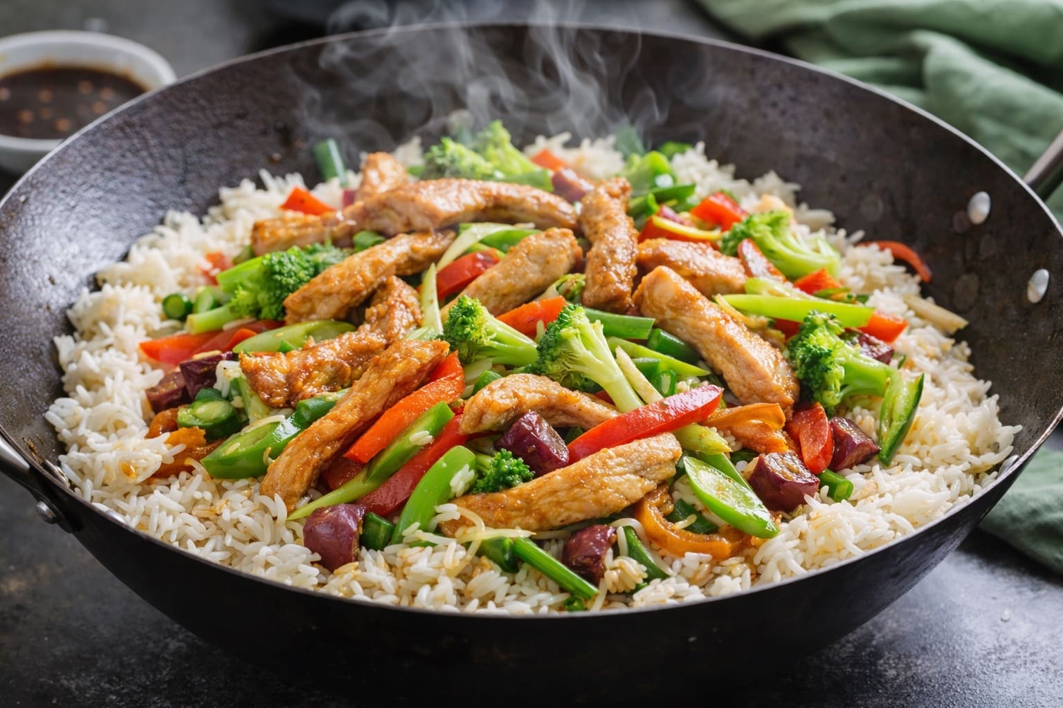 Salteado of pavo with arroz jazmín and verduras, lunch healthy of Meals Healthy