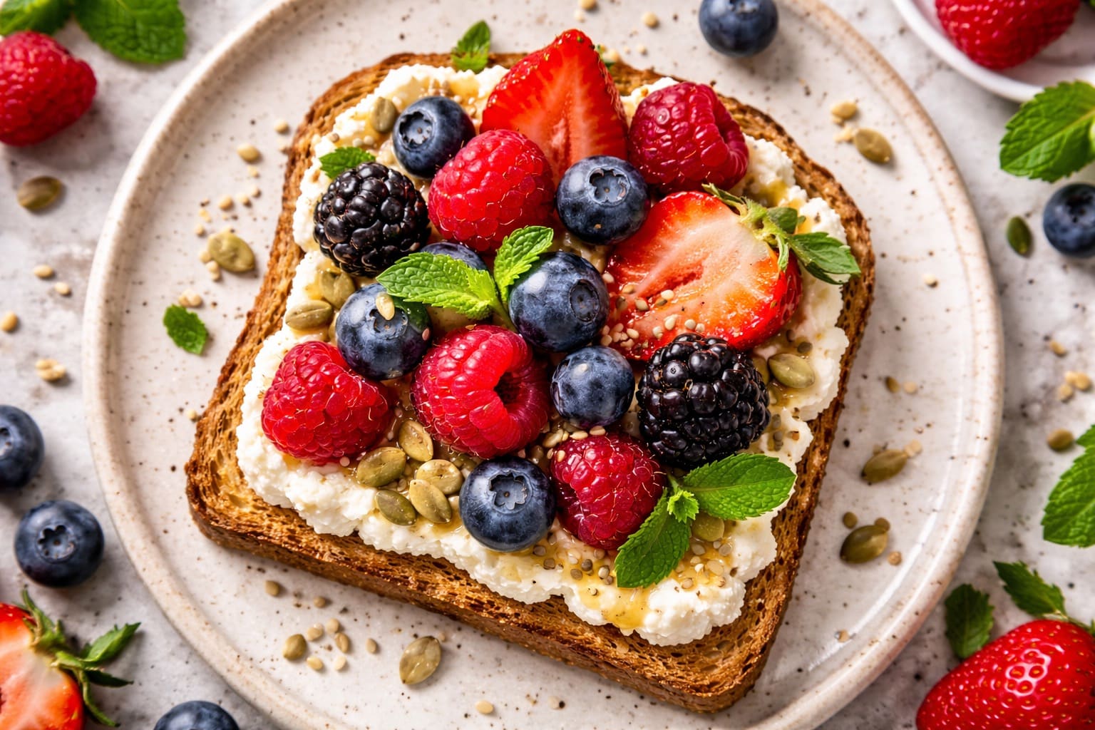 Tostada of requesón with frutos rojos, snack healthy of Meals Healthy