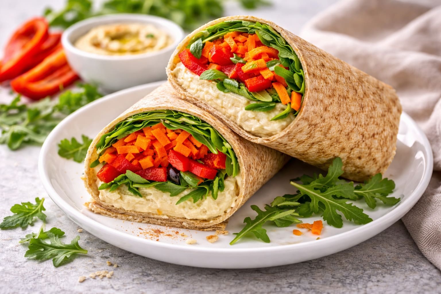 Wrap integral of hummus and vegetales, lunch healthy of Meals Healthy